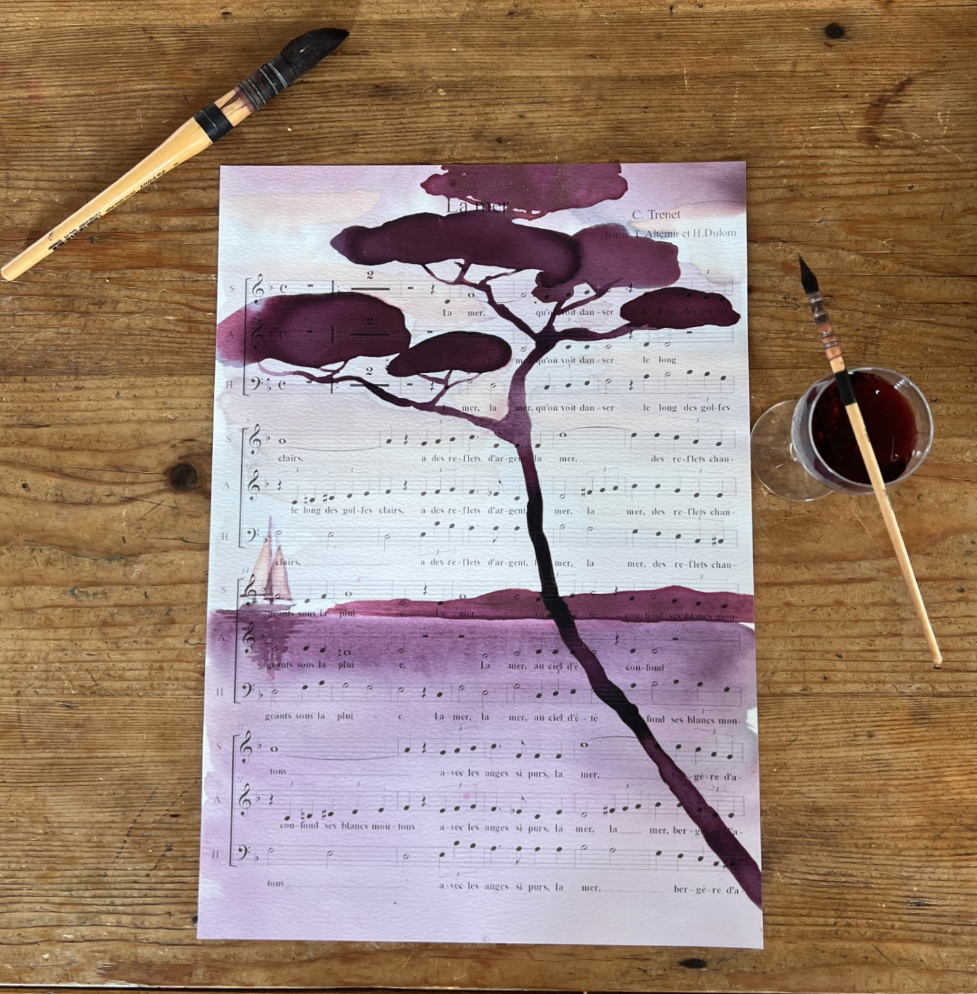 La mer Trenet — aquarelle au vin rouge — Art DiVino, La Londe-les-Maures