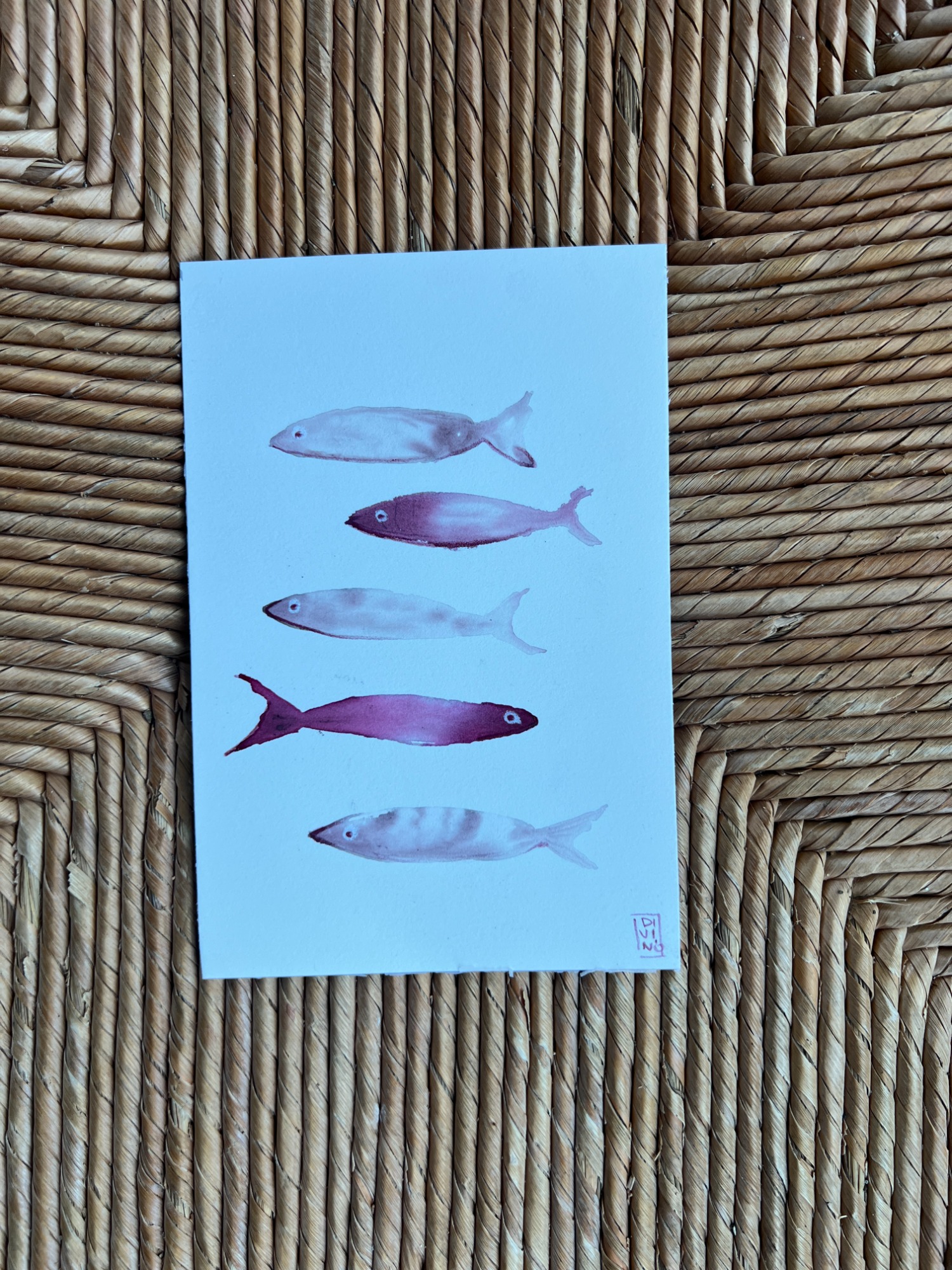 Brochette de poissons — aquarelle au vin rouge — Art DiVino, La Londe-les-Maures