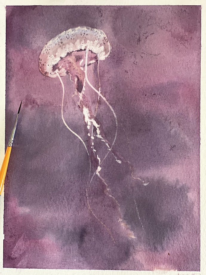 Méduse 19x24 cm (Aquarelle au vin) — aquarelle au vin rouge — Art DiVino, La Londe-les-Maures