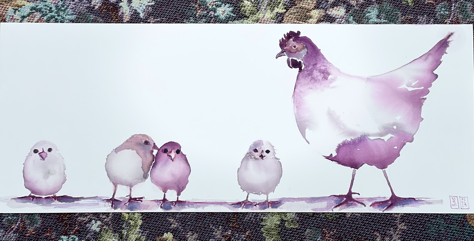 Poules et poussins 20x50 - Aquarelle au vin (VENDU) — aquarelle au vin rouge — Art DiVino, La Londe-les-Maures