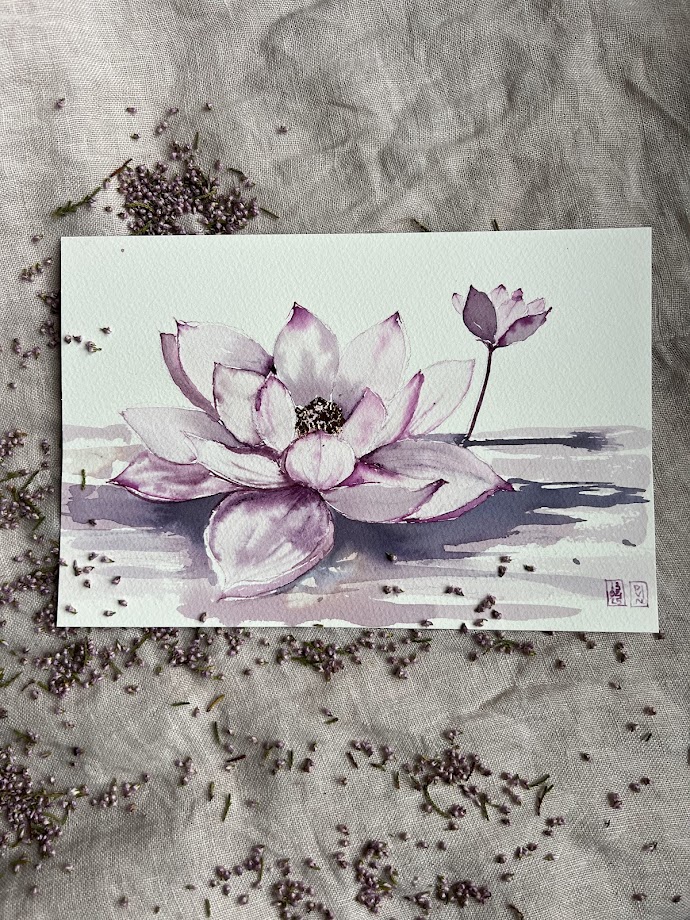 Fleur de lotus - Aquarelle au vin — aquarelle au vin rouge — Art DiVino, La Londe-les-Maures