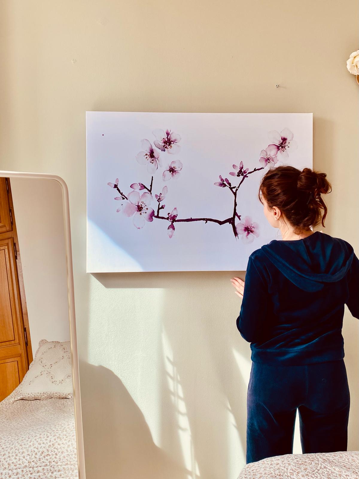 Branche de cerisier en fleur - sur toile — aquarelle au vin rouge — Art DiVino, La Londe-les-Maures