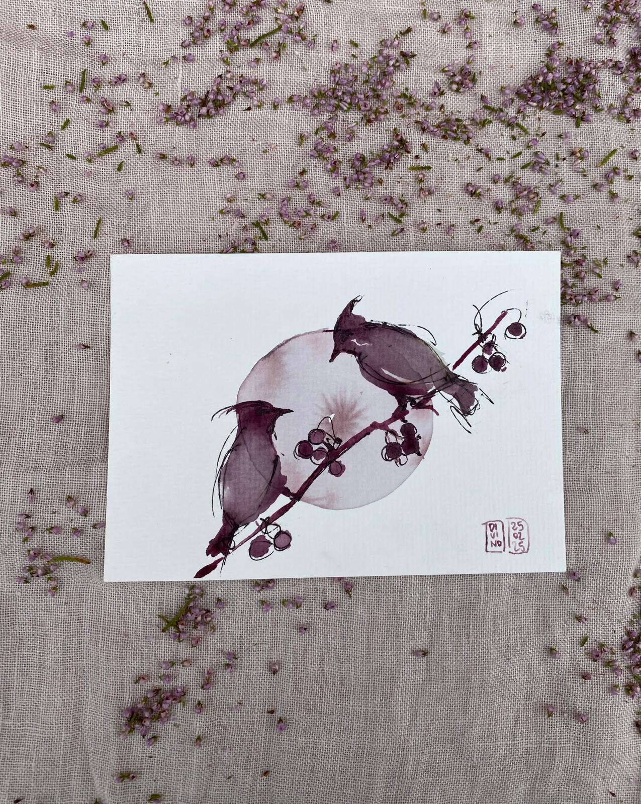 Oiseaux noirs - Aquarelle au vin (VENDU) — aquarelle au vin rouge — Art DiVino, La Londe-les-Maures