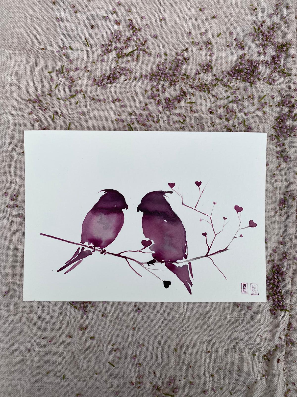 Deux petits oiseaux - Aquarelle au vin — aquarelle au vin rouge — Art DiVino, La Londe-les-Maures