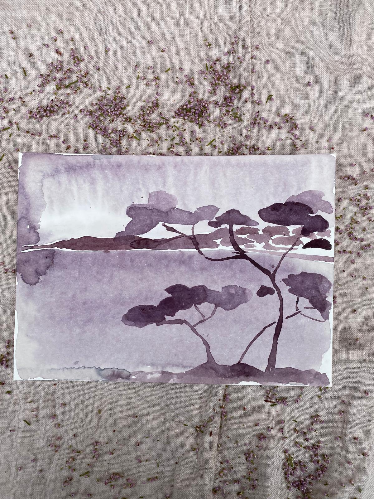 Les iles d'or (Porquerolles) - Aquarelle au vin — aquarelle au vin rouge — Art DiVino, La Londe-les-Maures