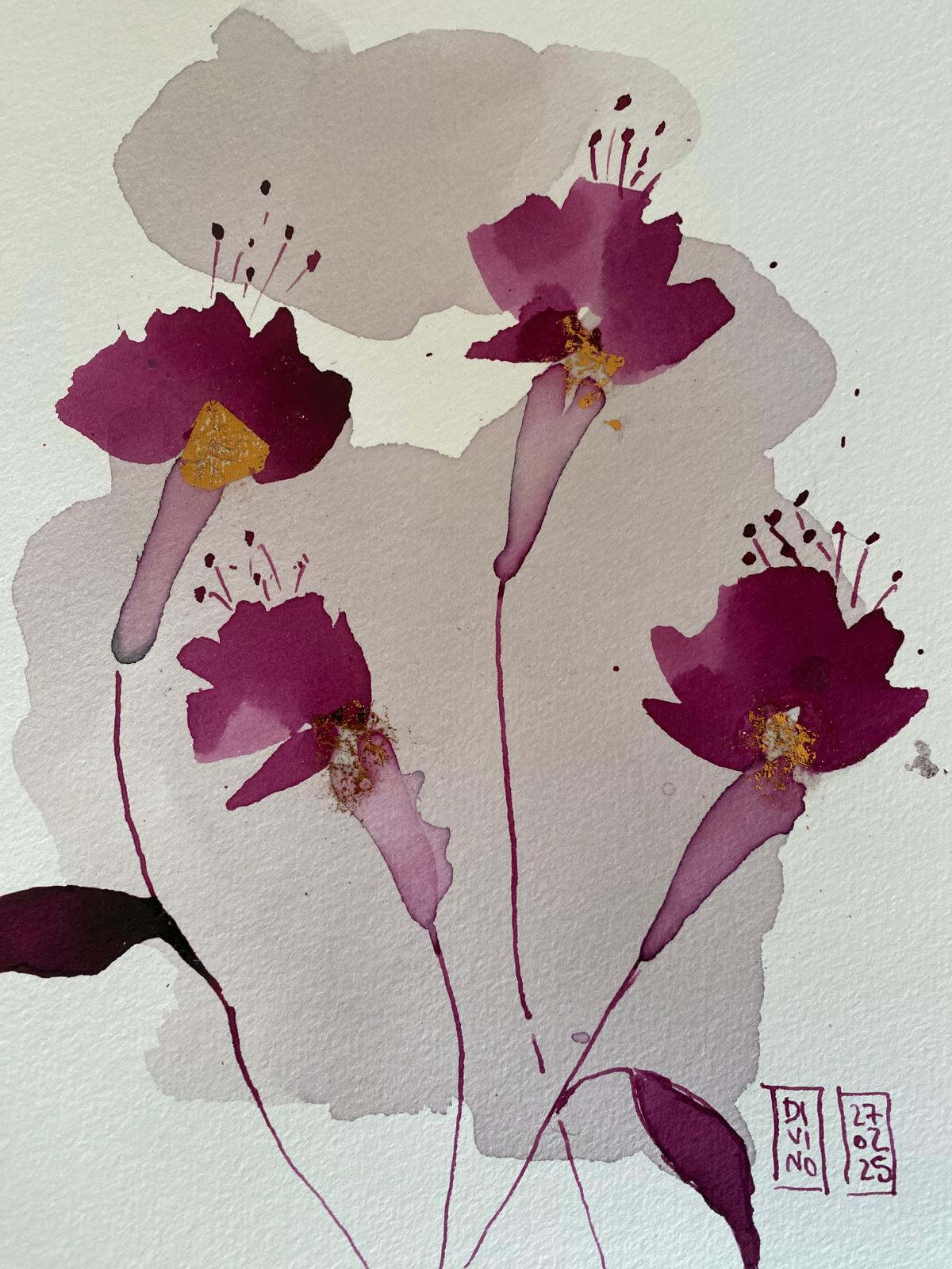 Fleurs violettes délicates  - Aquarelle au vin (VENDU) — aquarelle au vin rouge — Art DiVino, La Londe-les-Maures