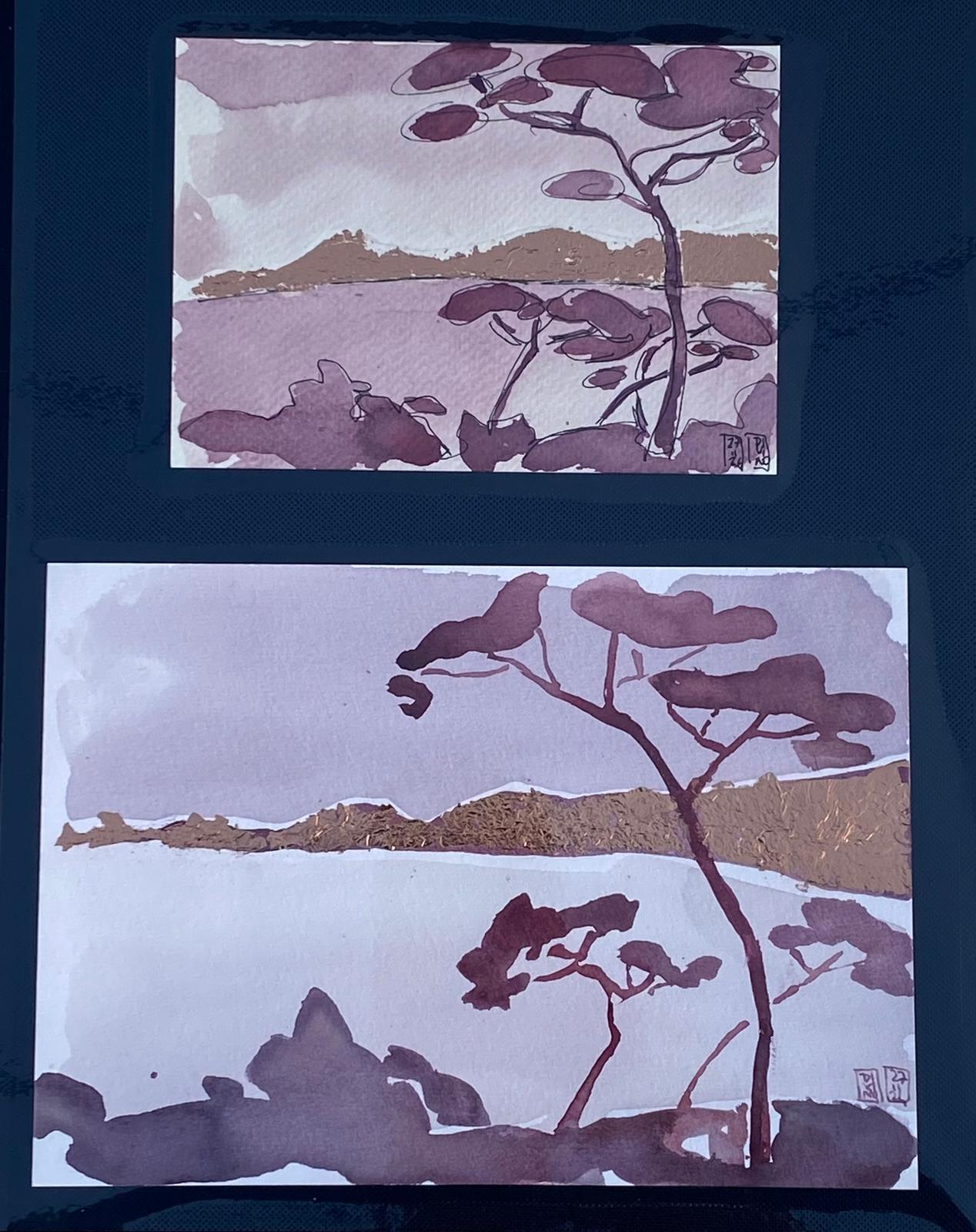 3 Les iles d'or — aquarelle au vin rouge — Art DiVino, La Londe-les-Maures